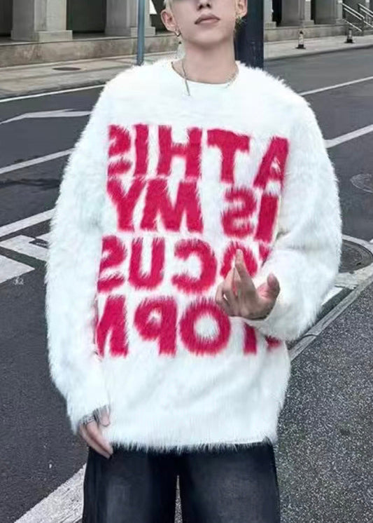 Loose Yellow O Neck Letter Mink Hair Knitted Men Sweaters Winter