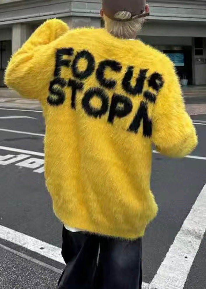 Loose Yellow O Neck Letter Mink Hair Knitted Men Sweaters Winter