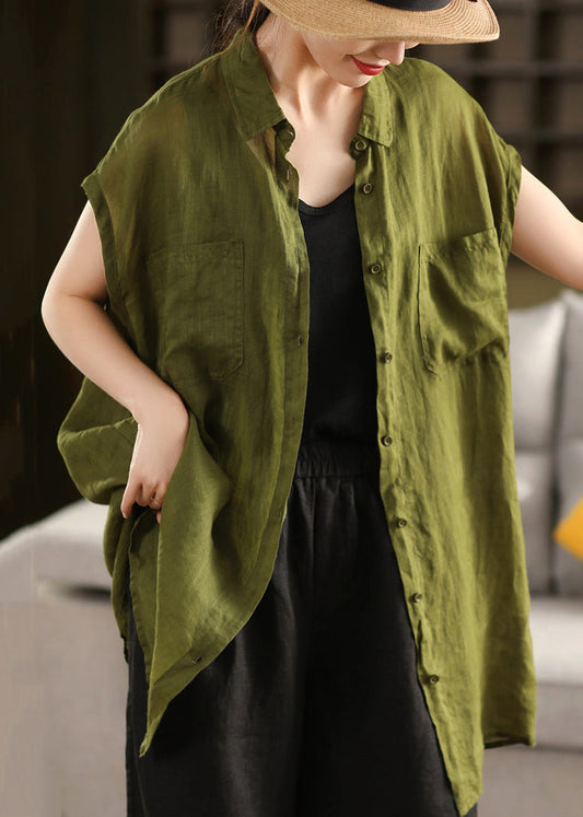 Loose Yellow Peter Pan Collar Button Pockets Cotton Shirt Summer