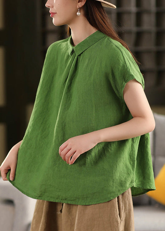 Loose Yellow Peter Pan Collar Button Solid Linen Shirt Summer