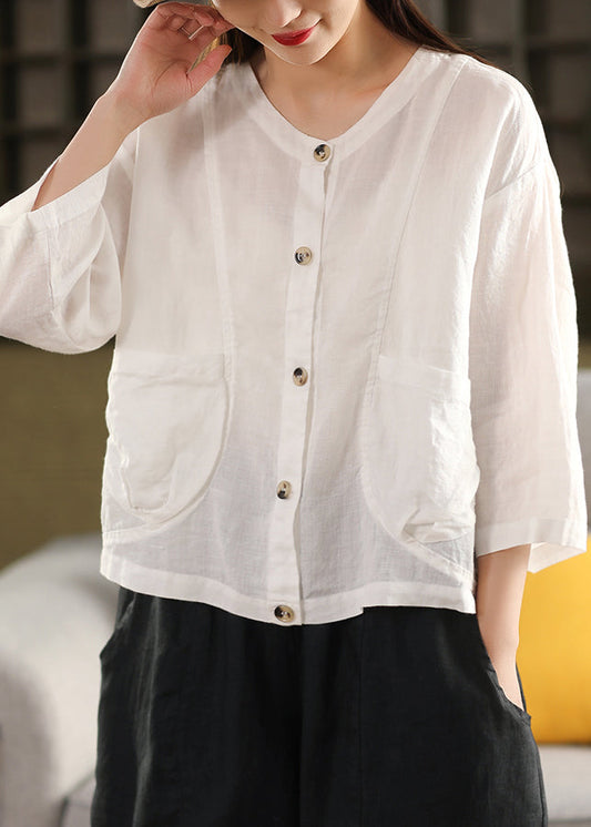 Loose Yellow Pockets Button Linen Blouses Long Sleeve