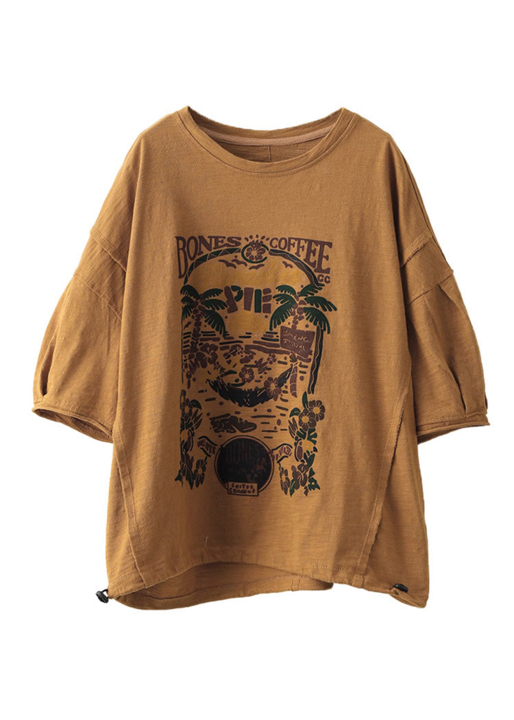 Lockeres, kurzärmliges Baumwolltop mit gelbem Aufdruck