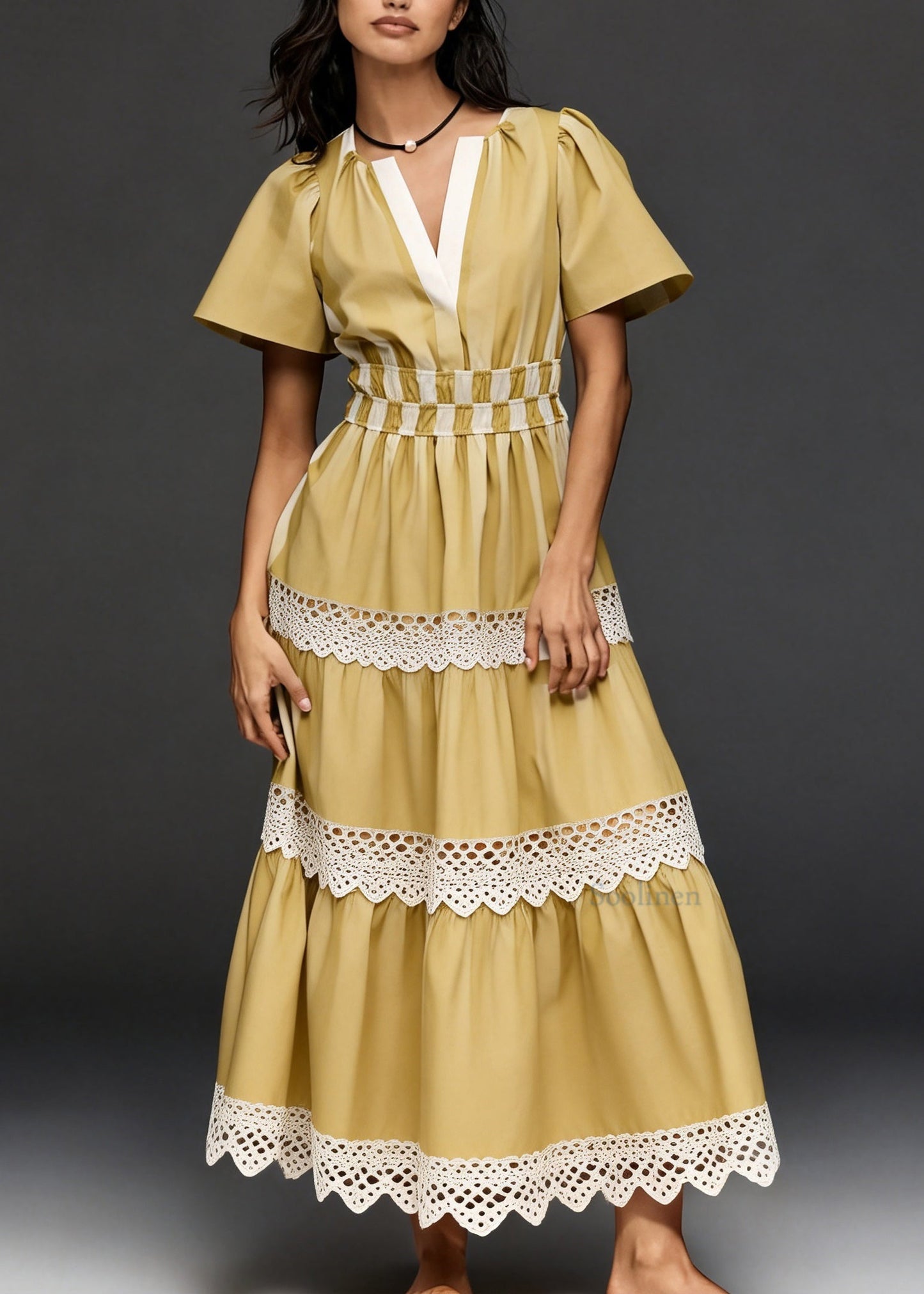 Loose Yellow V Neck Lace Patchwork Cotton Vacation Dresses Summer
