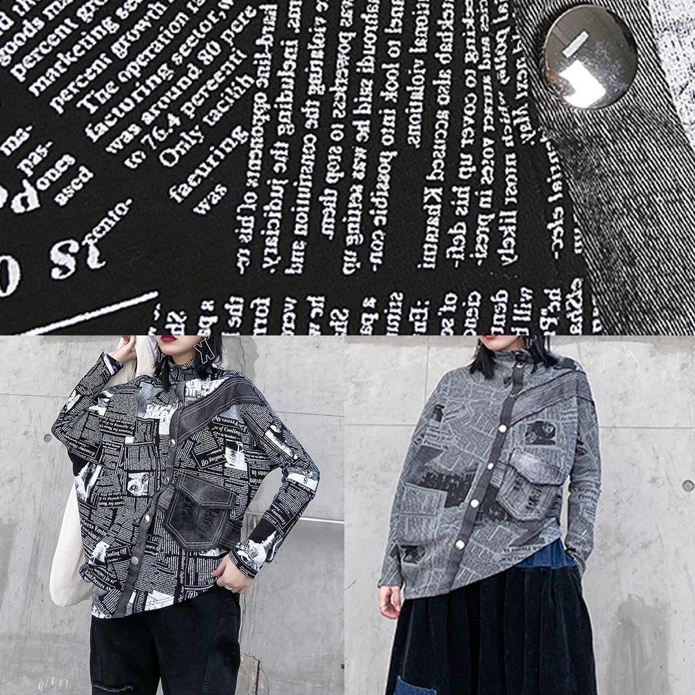 Loose asymmetric cotton half high neck clothes For Women Fashion Ideas black prints shirts - SooLinen