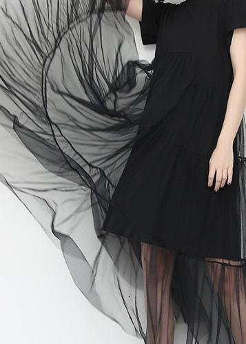 Loose black cotton Tunic Dress asymmetric patchwork A Line summer Dress - SooLinen