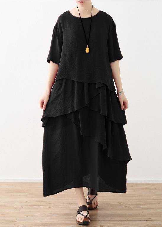 Loose black linen cotton dress plus size Shirts layered Plus Size Clothing summer Dresses - SooLinen