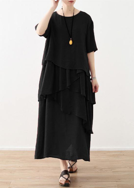 Loose black linen cotton dress plus size Shirts layered Plus Size Clothing summer Dresses - SooLinen