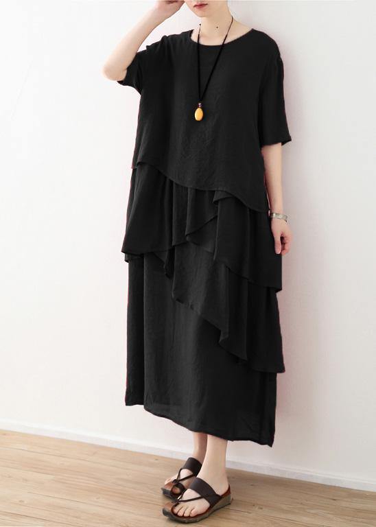 Loose black linen cotton dress plus size Shirts layered Plus Size Clothing summer Dresses - SooLinen