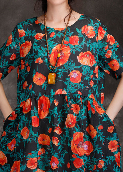 Lockere schwarze bedruckte Leinen-Longshirts, taillierte Kleiderschränke, V-Ausschnitt, taillierte lange Sommerkleider