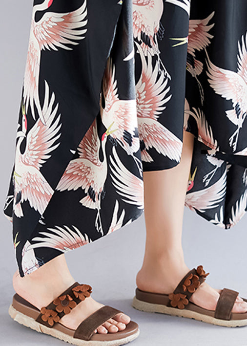 Lockere schwarze Leinenkleidung in Übergröße mit Aufdruck, Rundhalsausschnitt, asymmetrisches langes Sommerkleid