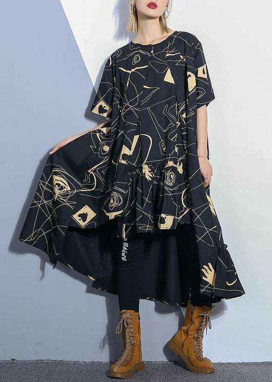 Loose black prints Cotton dresses low high design daily summer Dress - SooLinen