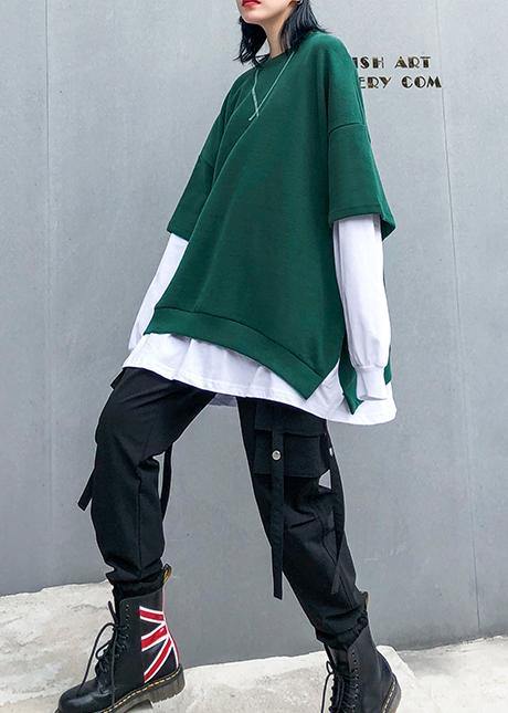 Loose blue linen cotton Tunic Shape Batwing Sleeve false two pieces fall top - SooLinen