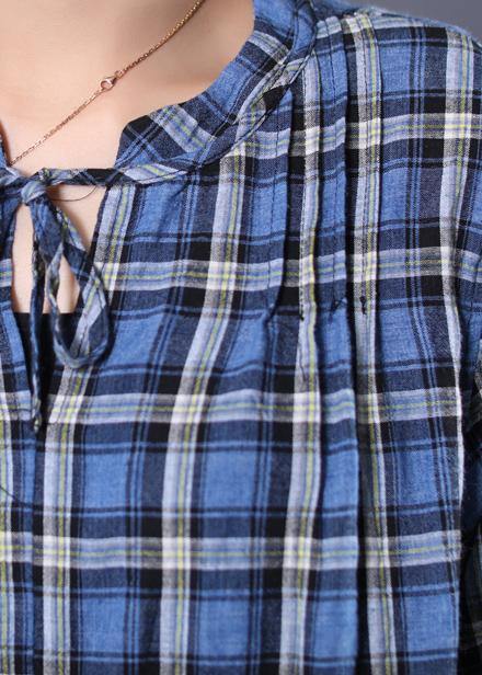 Loose blue plaid cotton tunic dress v neck A Line summer Dress - SooLinen