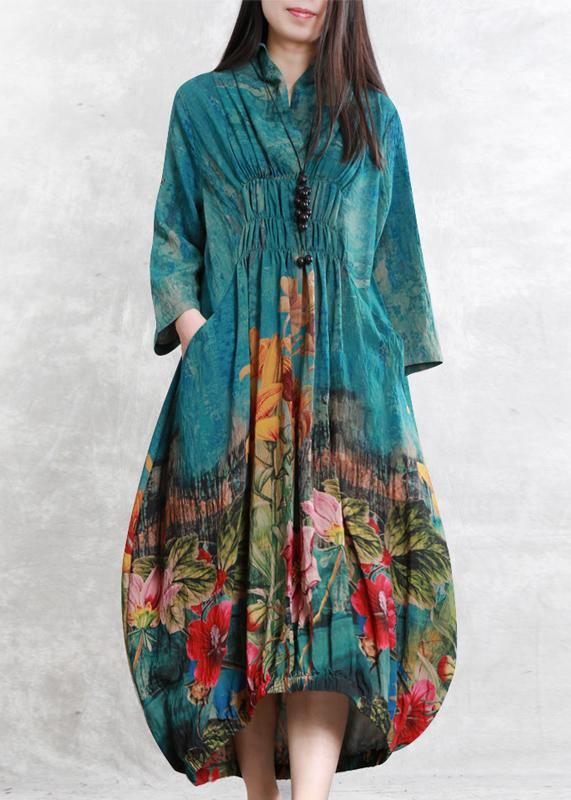 Loose blue print clothes For Women Cinched asymmetric Dresses - SooLinen