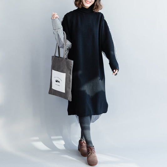 Lose Baumwollroben, weiche Umgebung, hoher Halsausschnitt, Fledermausärmel, schwarze Kunstkleider