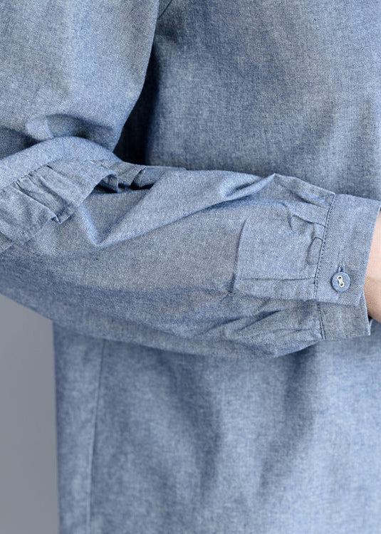 Lose Baumwolloberteile für Damen in Übergröße, Umlegekragen, Ärmel, hellblau, kurze Hemden