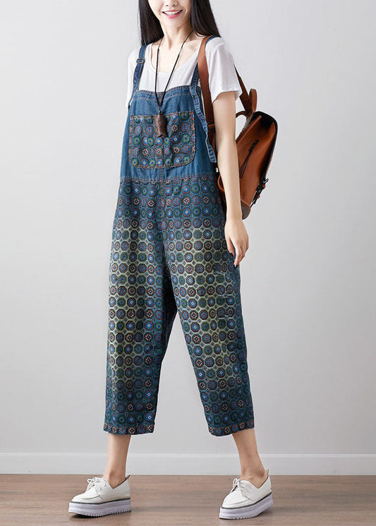 Lose dunkelblau Print Denim Jumpsuit Frühling
