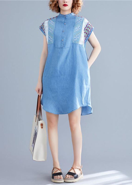Loose denim blue Cotton dresses stand collar embroidery tunic summer Dresses - SooLinen