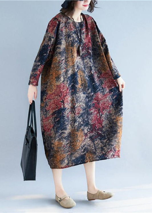 Lockeres, geblümtes Baumwollleinen-Langkleid in Übergröße mit Taschen, lange Kleider