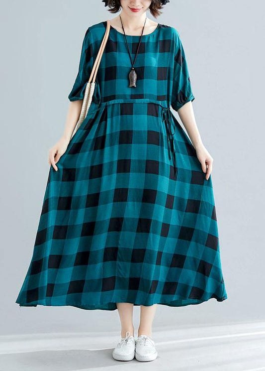 Loose green plaid cotton dress half sleeve Dresses summer Dresses - SooLinen