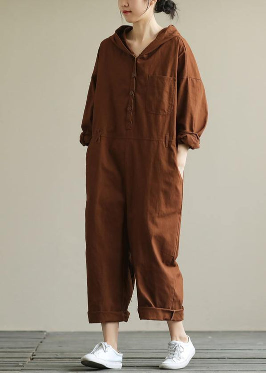 Loose hooded brown all-match long-sleeved ladies nine-point jumpsuit - SooLinen