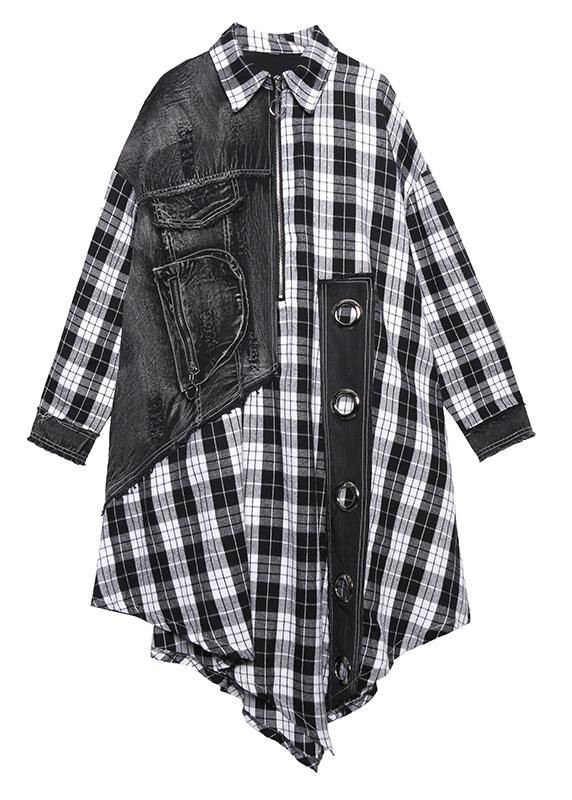 Loose lapel patchwork spring tunic pattern Work plaid blouses - SooLinen