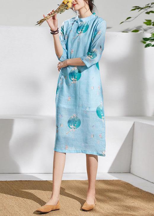 Loose light green print linen dress stand collar patchwork Knee Dress - SooLinen