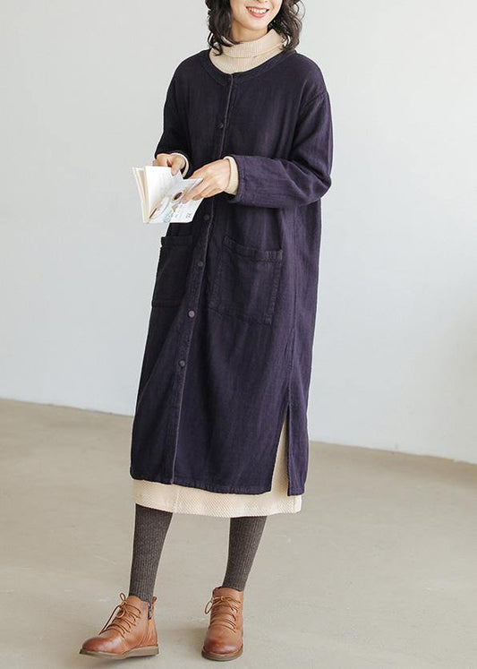 Loose navy fine clothes For Women Wardrobes o neck side open coat - SooLinen
