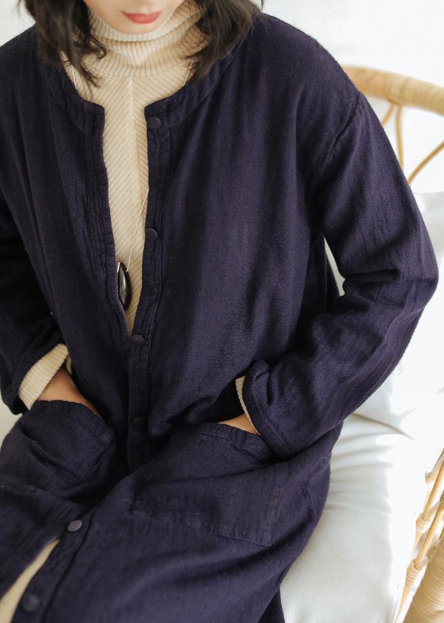 Loose navy fine clothes For Women Wardrobes o neck side open coat - SooLinen