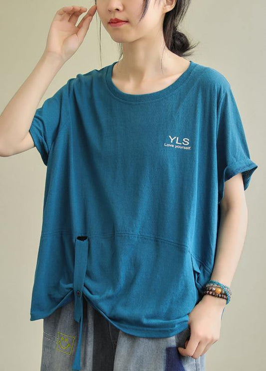 Loose o neck Letter cotton tunics for women Tunic Tops blue blouse - SooLinen