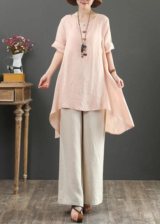 Loose o neck asymmetric linen summer linen tops women pattern pink shirts - SooLinen