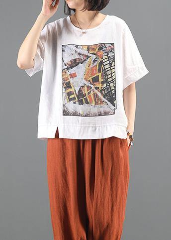 Loose o neck patchwork tunic top white print oversized tops - SooLinen