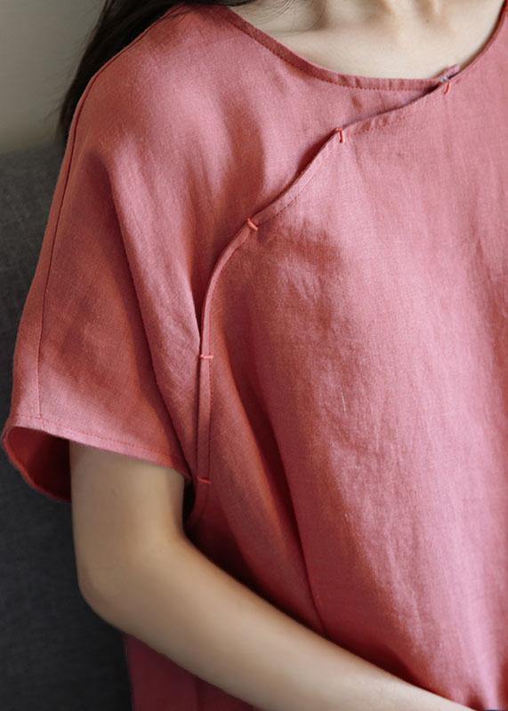 Loose o neck short sleeve linen dresses Sewing pink Dresses - SooLinen