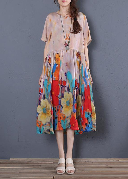 Loose o neck Cinched linen summer clothes Wardrobes khaki print Dress - SooLinen