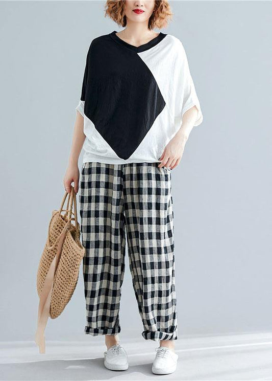 Loose patchwork cotton clothes Sewing black shirts summer - SooLinen