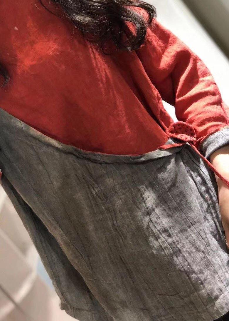 Loose patchwork linen tops women blouses o neck baggy fall shirt - SooLinen