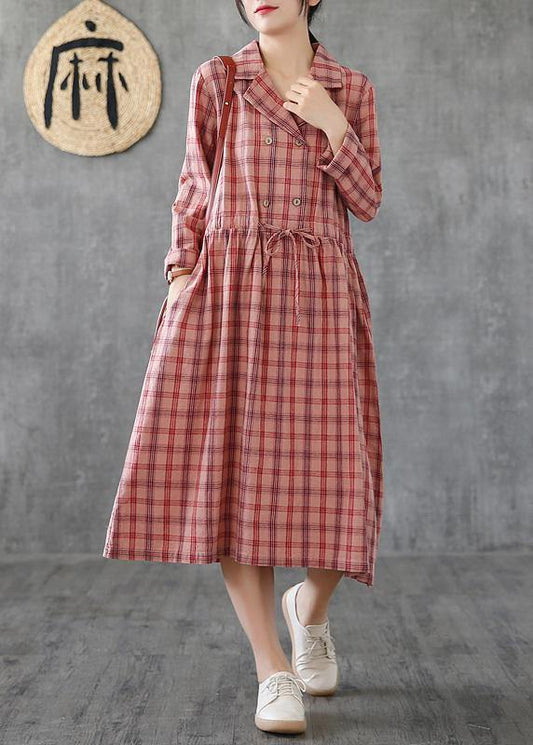 Loose pink plaid linen cotton clothes Notched drawstring cotton Dress - SooLinen