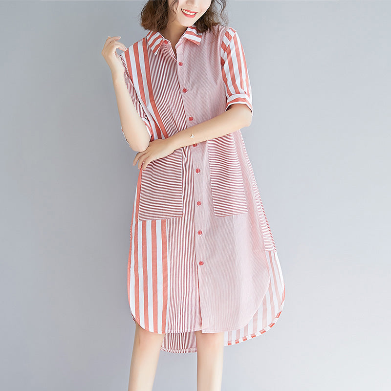 Lose rosa gestreifte Baumwolle Quilten Kleidung Spaß Fotografie Seite offen Knie Patchwork Kleid
