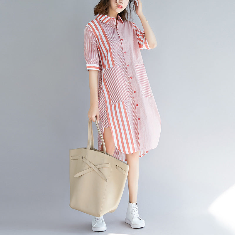 Lose rosa gestreifte Baumwolle Quilten Kleidung Spaß Fotografie Seite offen Knie Patchwork Kleid