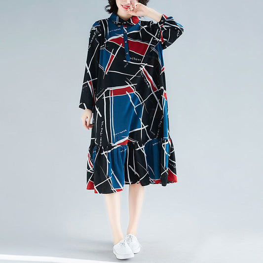 Chiffon-Kleidung mit lockerem Druck für Damen, Sweets Wardrobes, Rüschen, Chiffon-Kleid mit Reverskragen