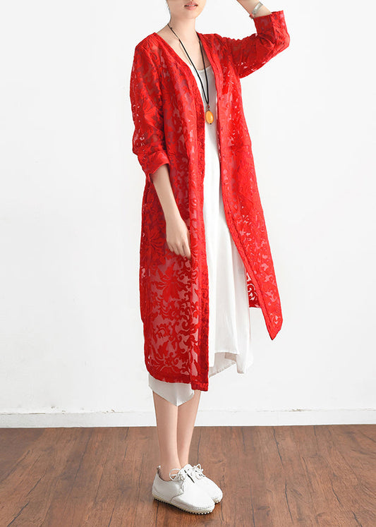 Lockere rote Spitzenoberbekleidung in Übergröße, Tunika-Oberteile mit V-Ausschnitt, Sommer-Strickjacke mit Aussparungen