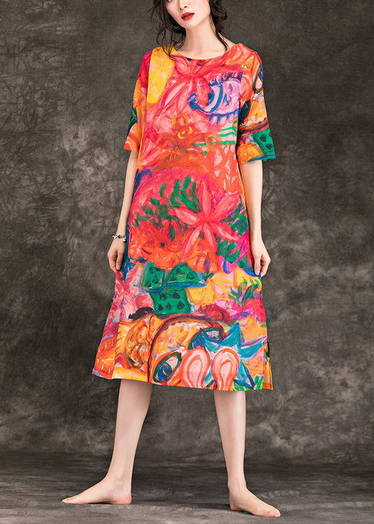 Lockere Leinenkleider mit rotem Aufdruck, tailliertes Design, Rundhalsausschnitt, halbe Ärmel, Sommerkleid in Übergröße