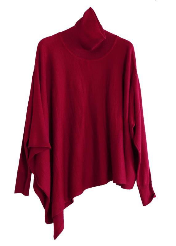 Loose red tops asymmetric hem oversized high neck blouse - SooLinen