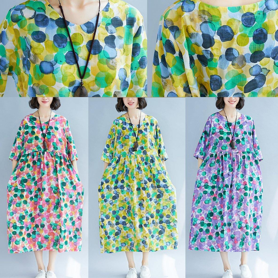 Loose rose dotted prints cotton linen Wardrobes short sleeve Kaftan summer Dress - SooLinen