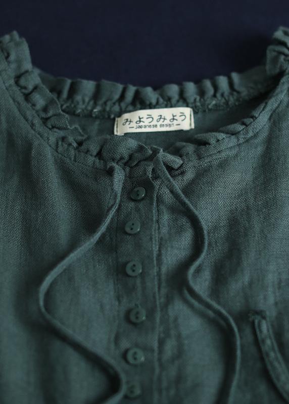 Loose ruffles collar linen tunic top Sleeve greem sleeveless top summer - SooLinen