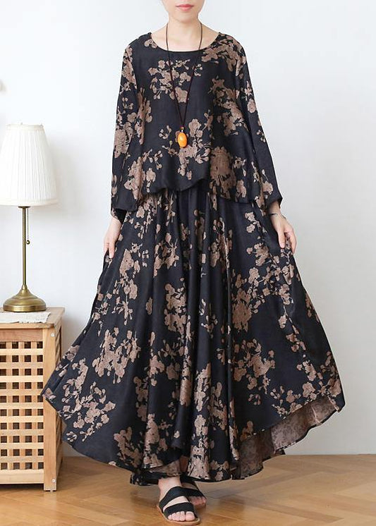 Loose silk satin wind dress black coffee color printing fashion fake two-piece goddess Fan big swing skirt - SooLinen