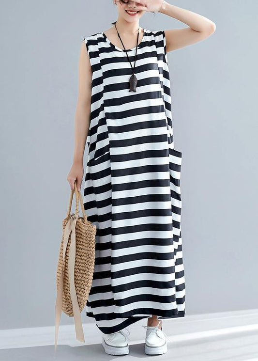 Loose sleeveless o neck black striped cotton robes Dress summer - SooLinen