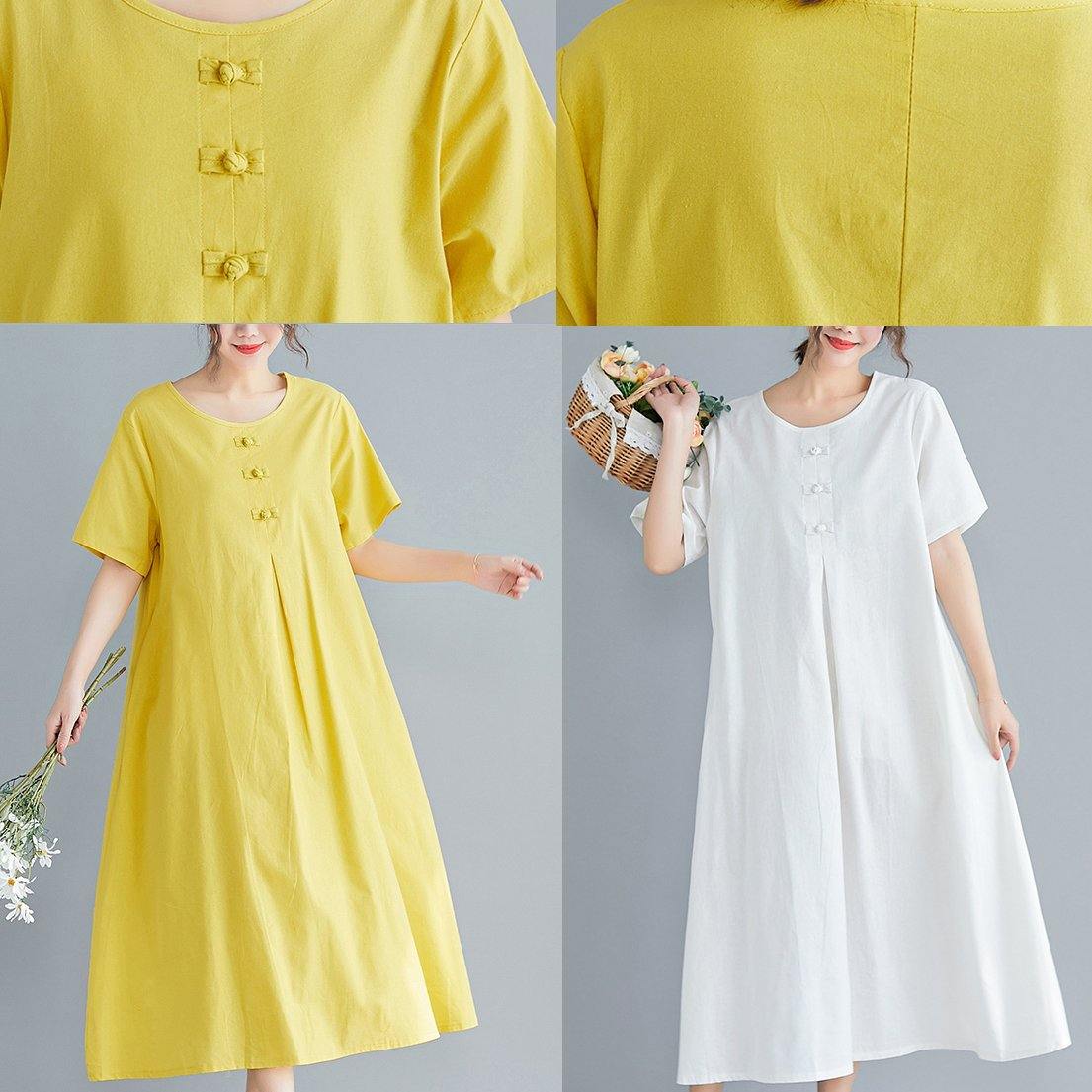 Loose solid color cotton clothes Tutorials white Art Dress summer - SooLinen