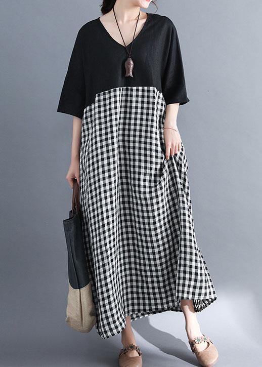 Loose v neck cotton clothes Women Shirts black patchwork Maxi Dresses summer - SooLinen