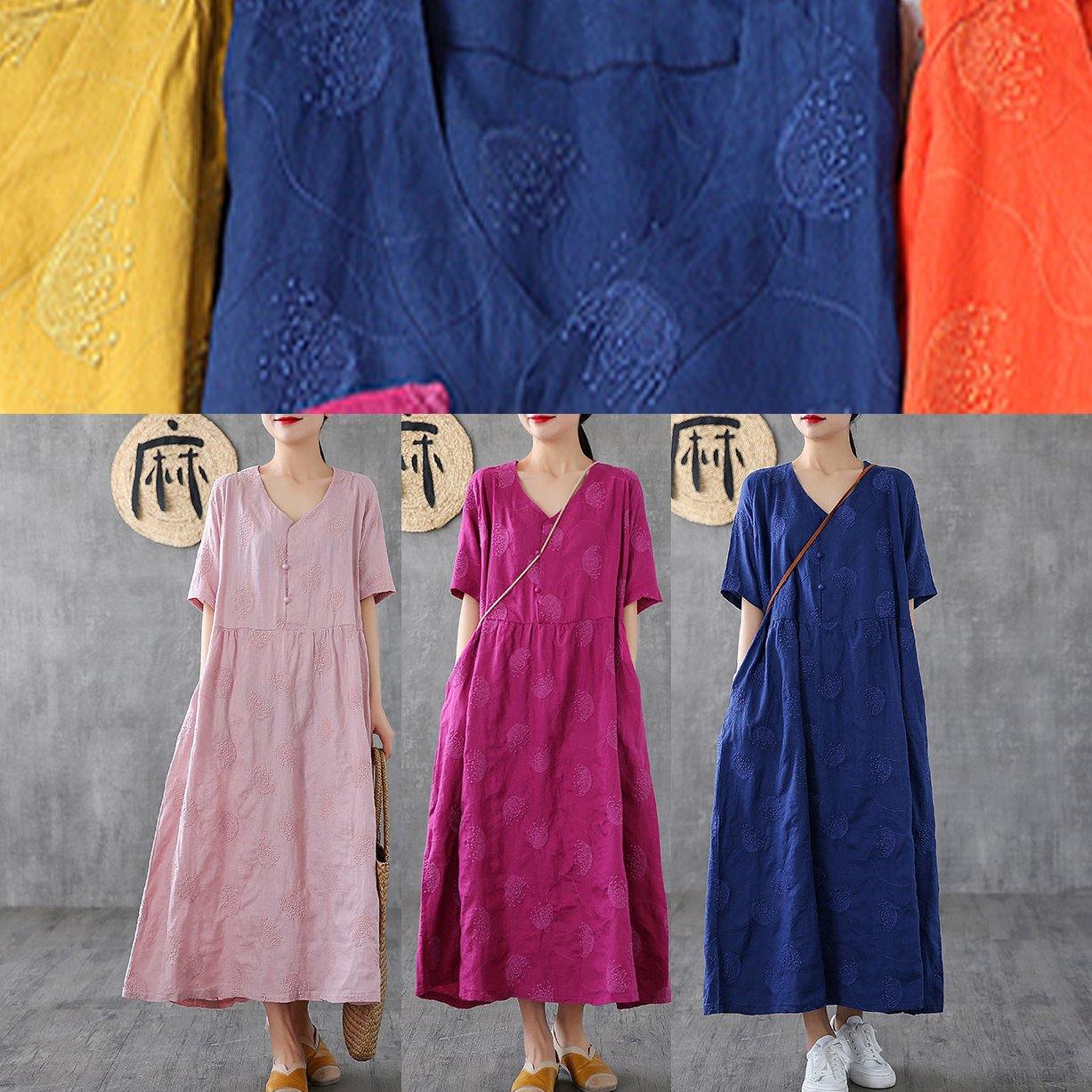 Loose v neck embroidery linen clothes For Women Sleeve rose Dresses - SooLinen